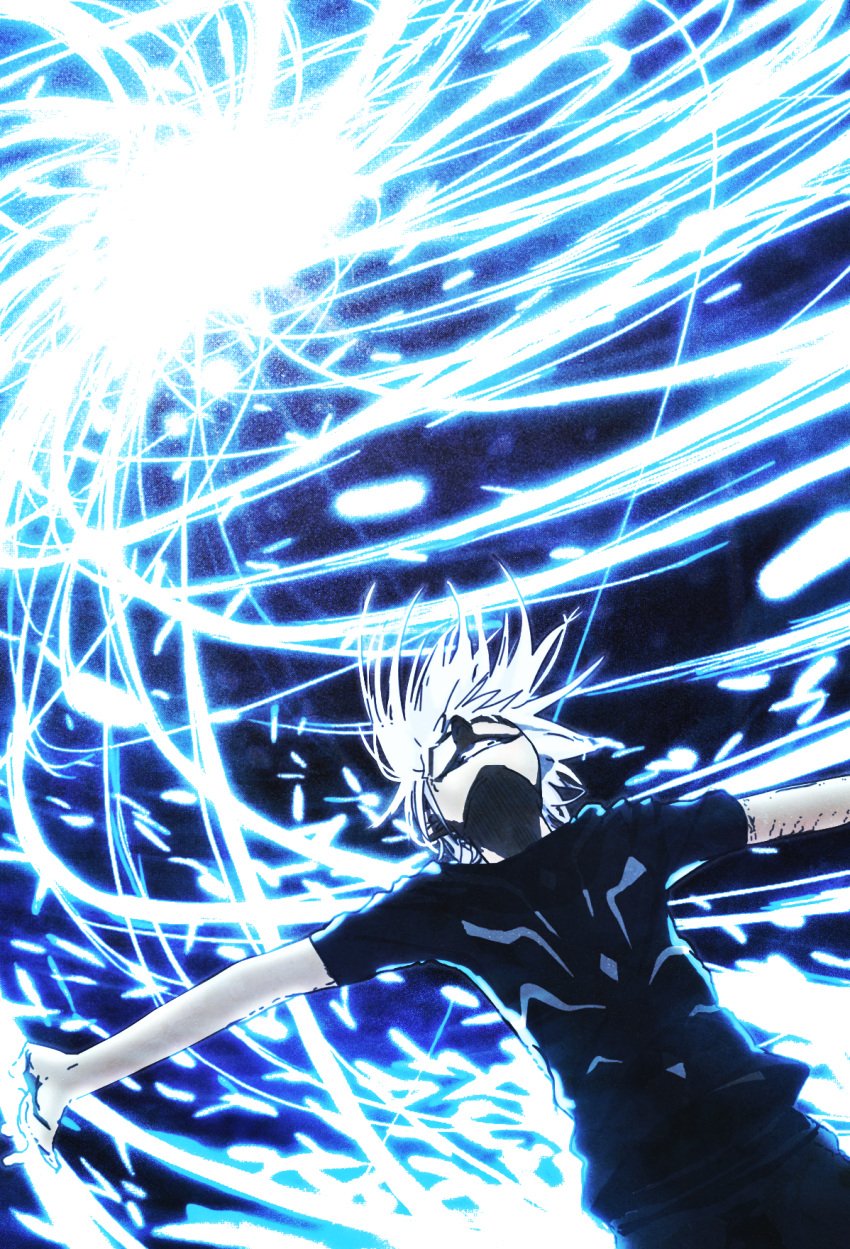 1boy accelerator_(toaru_majutsu_no_index) action black_shirt colorized commentary electricity energy esper fantasy feet_out_of_frame from_below gazing_eye glowing grin haimura_kiyotaka highres looking_up medium_hair night nose novel_illustration official_art outdoors outstretched_arms psychic science_fiction shirt short_sleeves smile solo teeth toaru_majutsu_no_index upper_body white_hair wind
