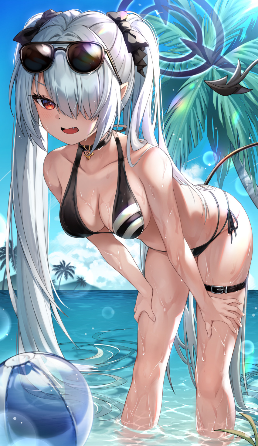 1girl absurdres ball beach beachball bent_over bikini black_bikini black_bow black_choker blue_archive blue_sky blush bow breasts choker clouds collarbone day demon_tail eyewear_on_head fang hair_bow hair_over_one_eye halo halterneck hands_on_own_thighs highres iori_(blue_archive) iori_(swimsuit)_(blue_archive) long_hair looking_at_viewer medium_breasts open_mouth palm_tree pointy_ears pruding red_eyes side-tie_bikini silver_hair sky solo standing sunglasses swimsuit tail tan thigh_strap thighs tree twintails very_long_hair water wet wet_hair