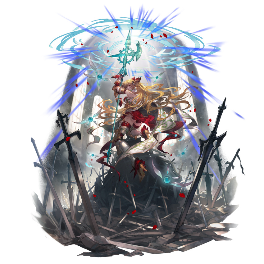 1girl arm_up armor armored_boots ass bangs bare_shoulders blonde_hair boots bow breasts floating_hair full_body granblue_fantasy hair_bow hair_ornament halberd high_heel_boots high_heels holding holding_weapon kneeling lipstick long_hair looking_at_viewer looking_back makeup medium_breasts minaba_hideo navel official_art parted_lips polearm red_eyes solo sword transparent_background turtleneck vira_(granblue_fantasy) weapon