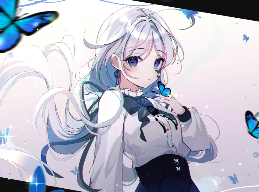 1girl absurdres bangs blue_butterfly blue_eyes blush bow bowtie bug butterfly buttons closed_mouth hand_up highres hyeya lens_flare long_hair long_sleeves looking_at_viewer messy_hair original shirt simple_background solo upper_body white_hair white_shirt