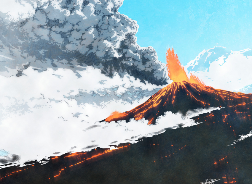 blue_sky clouds cloudy_sky colorized commentary day dust dust_cloud eruption gazing_eye glowing haimura_kiyotaka highres landscape molten_rock no_humans novel_illustration official_art outdoors sky smoke spoilers toaru_majutsu_no_index toaru_majutsu_no_index:_new_testament volcano