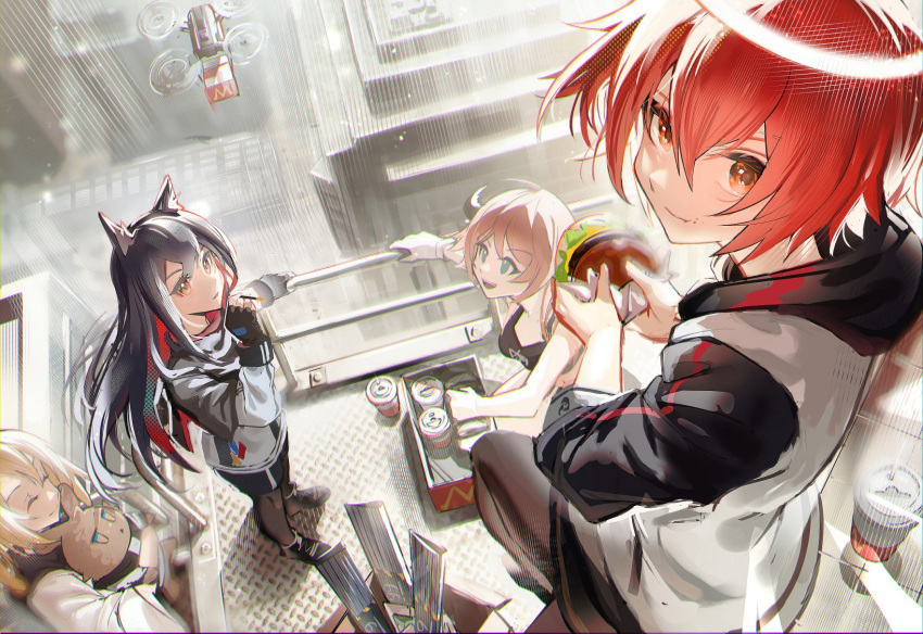 4girls animal_ears arknights black_capelet black_gloves black_hair black_legwear black_shorts black_skirt blonde_hair box brown_eyes burger capelet carbon_(arknights) closed_mouth croissant_(arknights) crop_top cup day disposable_cup drone eating exusiai_(arknights) fingerless_gloves food food_on_face from_above gloves green_eyes halo highres holding holding_food holding_stuffed_toy jacket legwear_under_shorts long_sleeves looking_at_viewer looking_up miniskirt multicolored_hair multiple_girls orange_hair outdoors pantyhose pocky railing redhead short_hair shorts sitting skirt smile sora_(arknights) standing stuffed_animal stuffed_bunny stuffed_toy sunlight texas_(arknights) two-tone_hair white_jacket wolf_ears youyouyou_1211