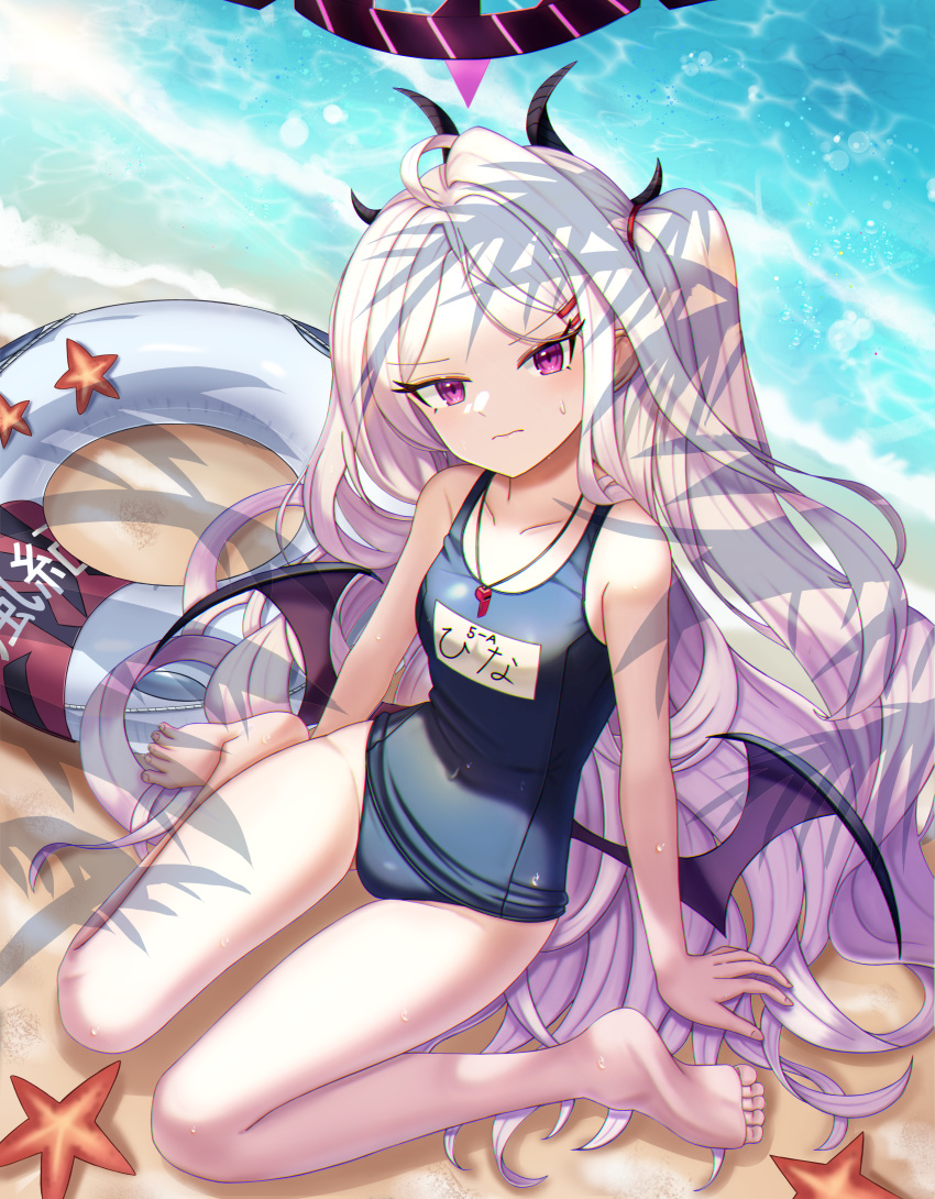1girl absurdres ahoge ass ass_visible_through_thighs bangs barefoot blue_archive collarbone commentary covered_navel feet flat_chest frown hair_ornament hairclip halo highres hina_(blue_archive) horns innertube long_hair looking_at_viewer melreon name_tag ocean parted_bangs purple_hair sand school_swimsuit sidelocks sitting soles starfish sweat swimsuit thighs toes very_long_hair wariza water wavy_mouth whistle white_hair