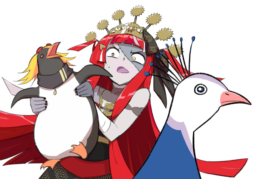 1girl bird colored_skin dress fang grey_skin heterochromia hololive hololive_indonesia kaela_kovalskia kureiji_ollie long_hair lutherniel open_mouth patchwork_skin pavolia_reine pavolia_reine_(peahen) peahen penguin redhead simple_background stitched_face very_long_hair white_background wide-eyed
