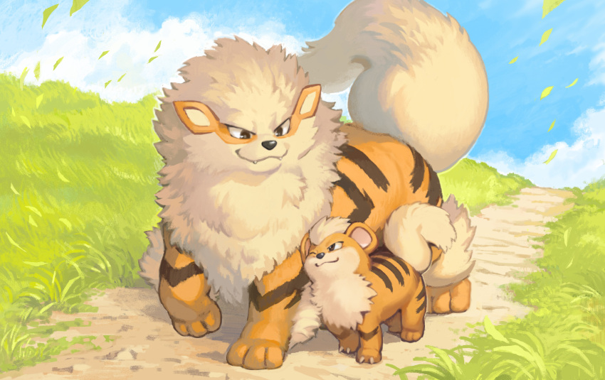 arcanine blue_sky day evolutionary_line grass growlithe highres nishimawari_kouro no_humans one_eye_closed outdoors path pokemon pokemon_(creature) sky smile wind