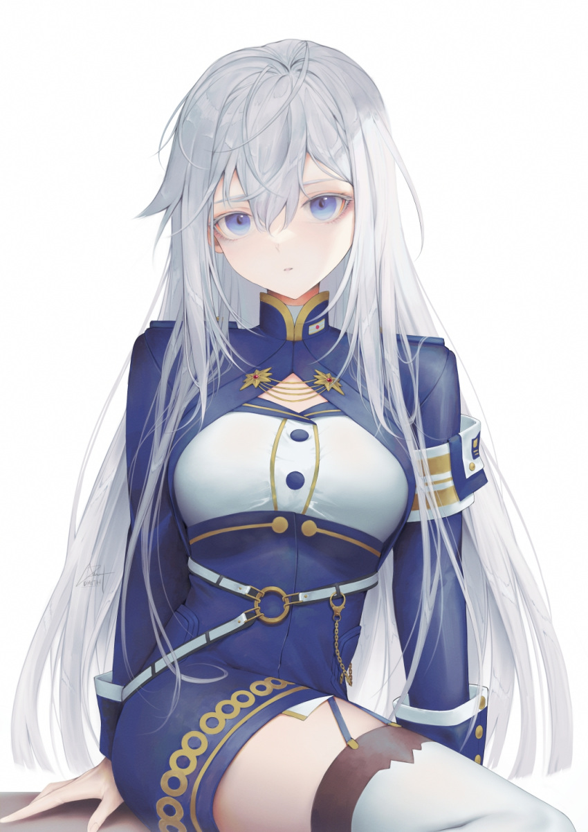 1girl 86_-eightysix- armband bangs belt blue_eyes blue_jacket closed_mouth dmith english_commentary hair_between_eyes highres jacket long_hair looking_at_viewer military military_uniform multiple_belts no_hat no_headwear o-ring_belt signature simple_background sitting solo thigh-highs uniform vladilena_millize white_background white_belt white_hair white_legwear zettai_ryouiki