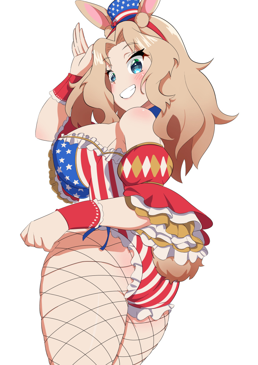 1girl absurdres american_flag american_flag_print animal_ears aqua_eyes ass bangs bare_shoulders blonde_hair breasts clenched_teeth commentary contrapposto cowboy_shot curled_fingers detached_sleeves eyebrows_visible_through_hair eyelashes fishnet_legwear fishnets flag_print frilled_sleeves frills from_behind girls_und_panzer hand_up hat highleg highleg_leotard highres kay_(girls_und_panzer) large_breasts leotard open_mouth parted_bangs playboy_bunny rabbit_ears rabbit_tail sideboob simple_background solo sparkling_eyes star_(symbol) star_print strapless strapless_leotard striped striped_leotard tail teeth tenpura32200 thighs white_background wide_sleeves wrist_cuffs