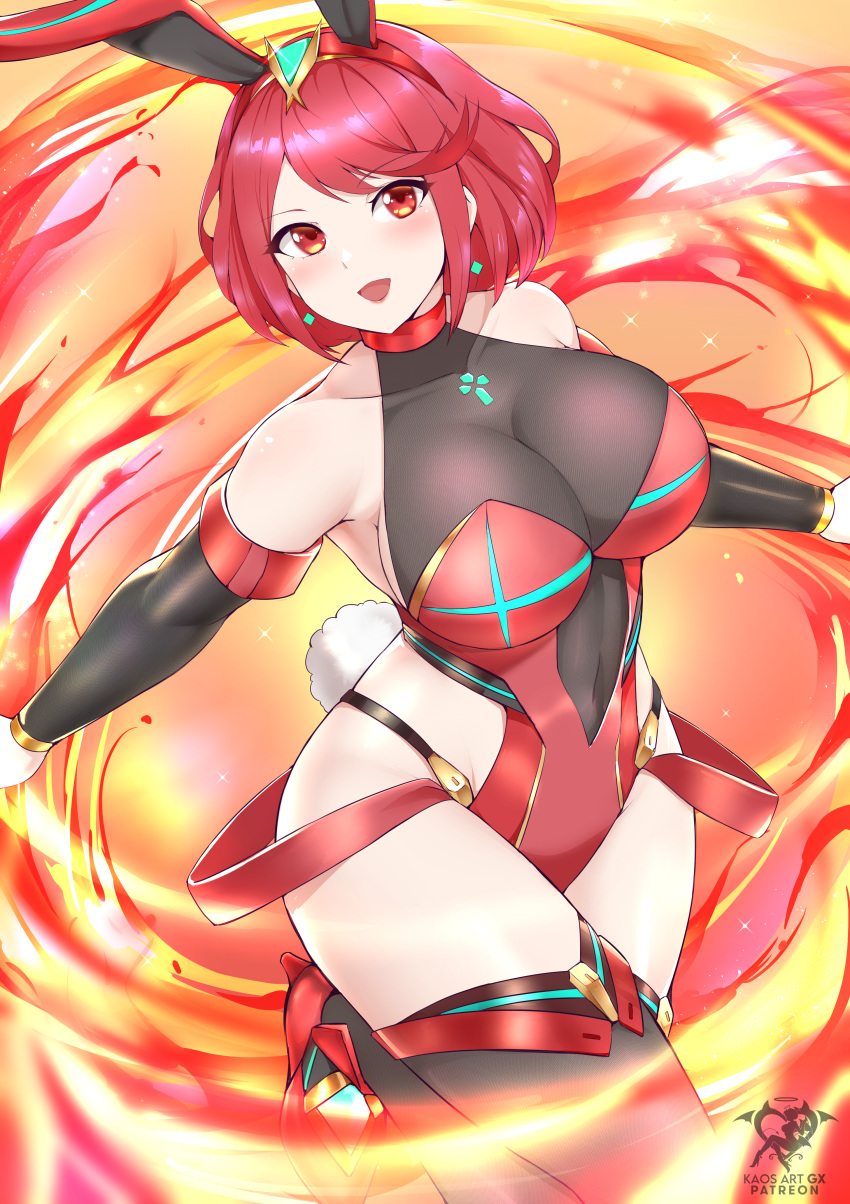 1girl absurdres bangs blush bodysuit breasts chest_jewel earrings headpiece highleg highleg_leotard highres jewelry kaos_art large_breasts leotard looking_at_viewer pyra_(xenoblade) red_eyes redhead short_hair skin_tight smile solo strapless strapless_leotard swept_bangs thick_thighs thighs xenoblade_chronicles_(series) xenoblade_chronicles_2