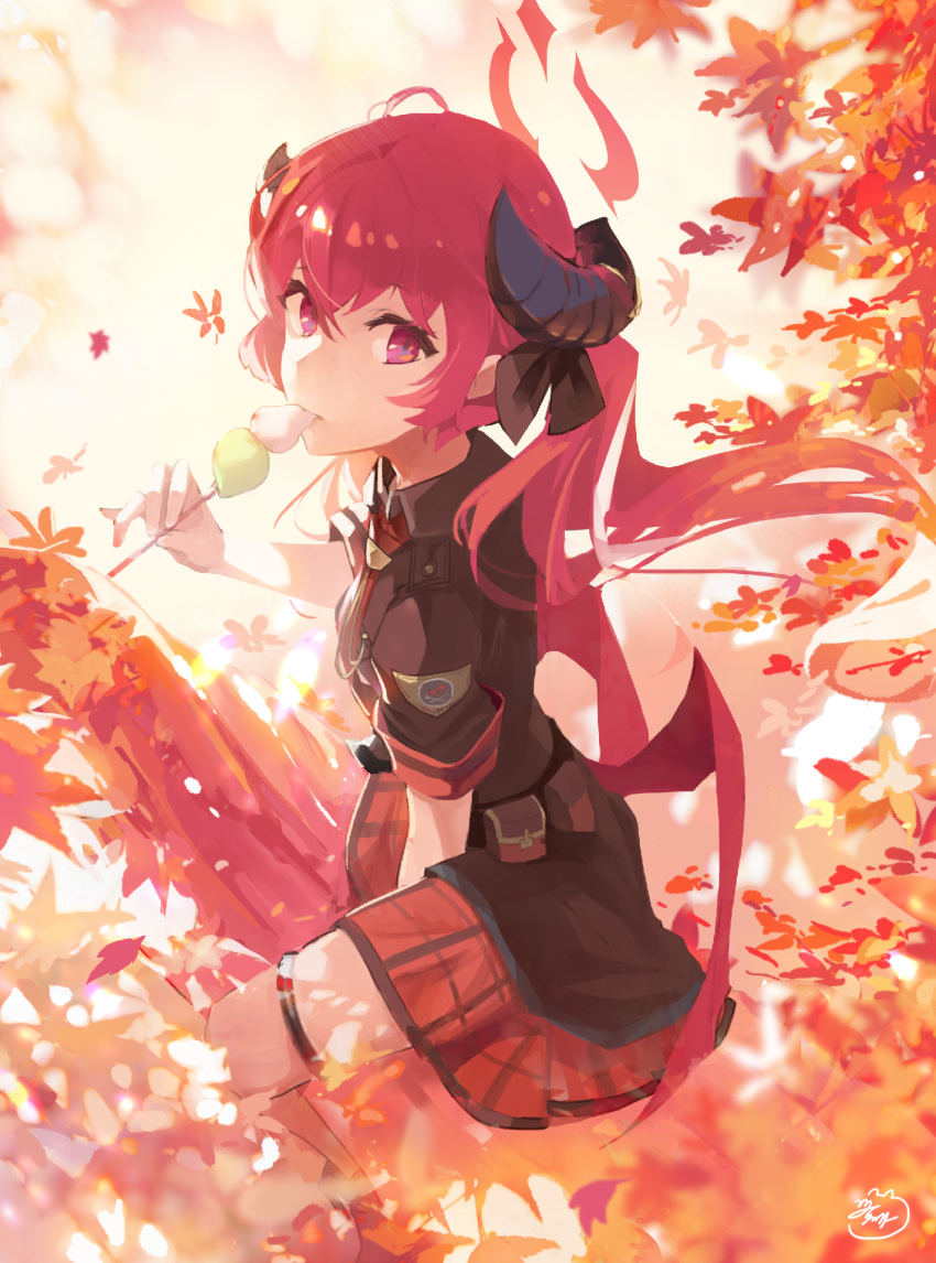 160mp 1girl autumn autumn_leaves belt black_horns blue_archive blurry bokeh dango demon_horns demon_wings depth_of_field eating falling_leaves food halo hand_up highres holding holding_food horns junko_(blue_archive) leaf long_hair looking_at_viewer low_wings military military_uniform necktie orange_background plaid plaid_skirt pleated_skirt pointy_ears red_eyes red_necktie red_skirt red_wings redhead short_sleeves signature sitting skirt uniform wagashi wings
