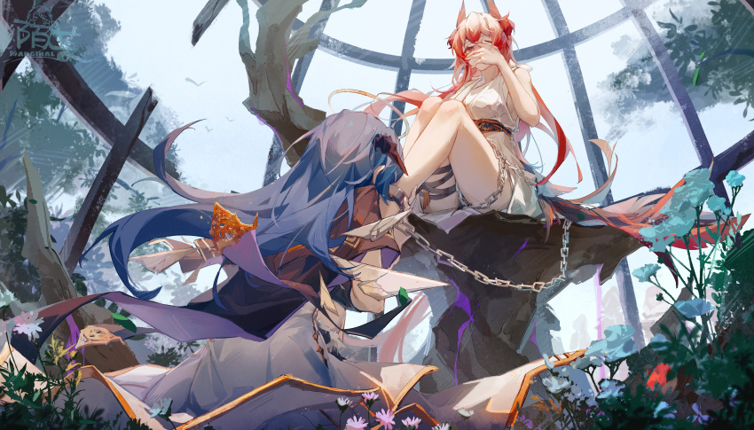 2girls absurdres alternate_costume arknights black_cape blue_flower blue_hair breasts cage cape chain cuffs demon_horns detached_wings dress energy_sword eyebrows_visible_through_hair fiammetta_(arknights) flower halo hand_over_face highres horns kiss leg_grab long_hair mostima_(arknights) mostima_(spellbreaker)_(arknights) moyu_marginal multiple_girls official_alternate_costume one_eye_closed pink_flower red_eyes red_flower redhead shackles sideboob sitting small_breasts sword tree weapon white_dress white_flower wings yuri