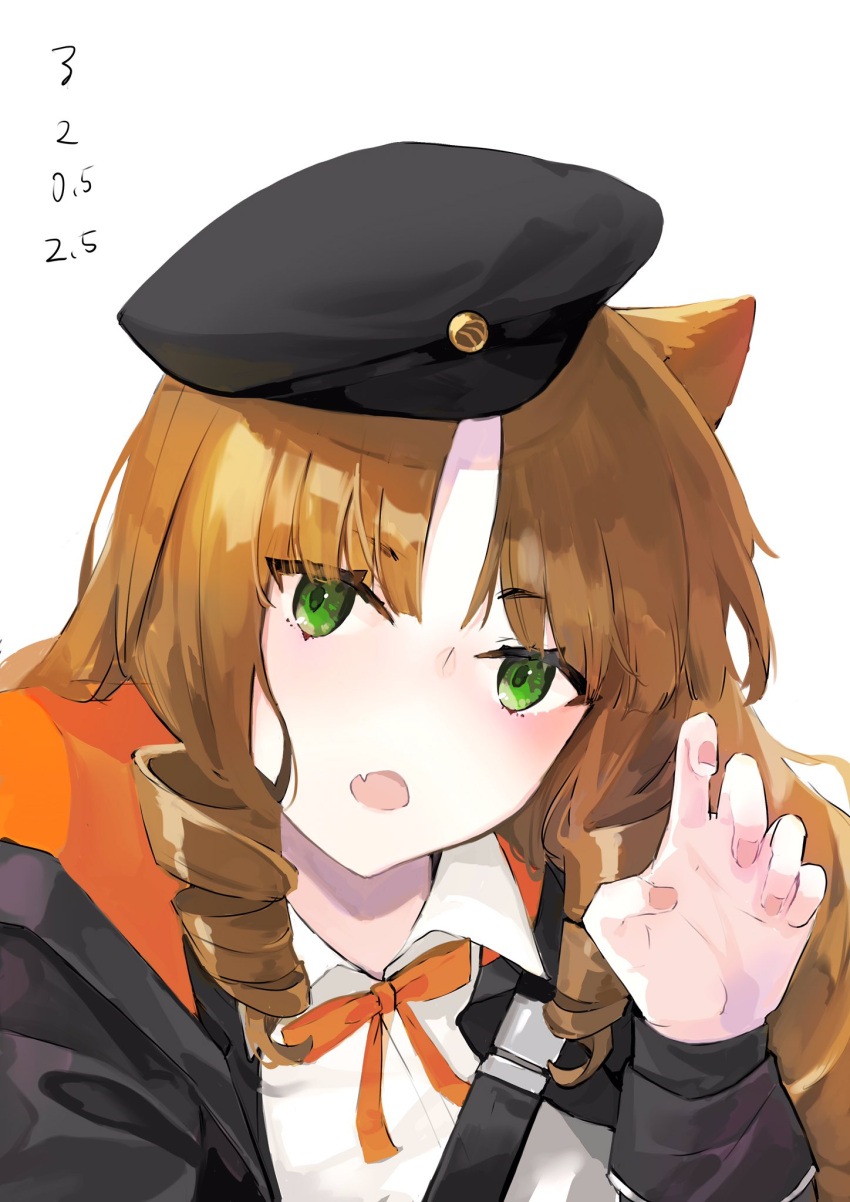 1girl animal_ears arknights beret black_headwear black_jacket brown_hair claw_pose completion_time drill_hair fang fingernails green_eyes hand_up hat head_tilt highres jacket long_hair long_sleeves looking_at_viewer neck_ribbon neko_(ganecooo) open_mouth orange_ribbon ribbon shirt simple_background skin_fang solo swire_(arknights) white_background white_shirt