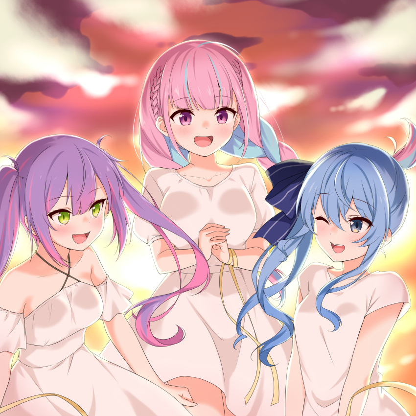 3girls absurdres bangs blue_bow blue_eyes blue_hair blush bow braid breasts dawn dress english_commentary eyebrows_visible_through_hair felutiahime french_braid green_eyes hair_between_eyes hair_bow highres hololive hoshimachi_suisei long_hair looking_at_another medium_breasts minato_aqua multicolored_hair multiple_girls off-shoulder_dress off_shoulder one_eye_closed open_mouth outdoors own_hands_together pink_hair purple_hair ribbon short_sleeves side_ponytail sidelocks small_breasts tokoyami_towa twin_braids twintails two-tone_hair violet_eyes virtual_youtuber white_dress wrist_ribbon yellow_ribbon