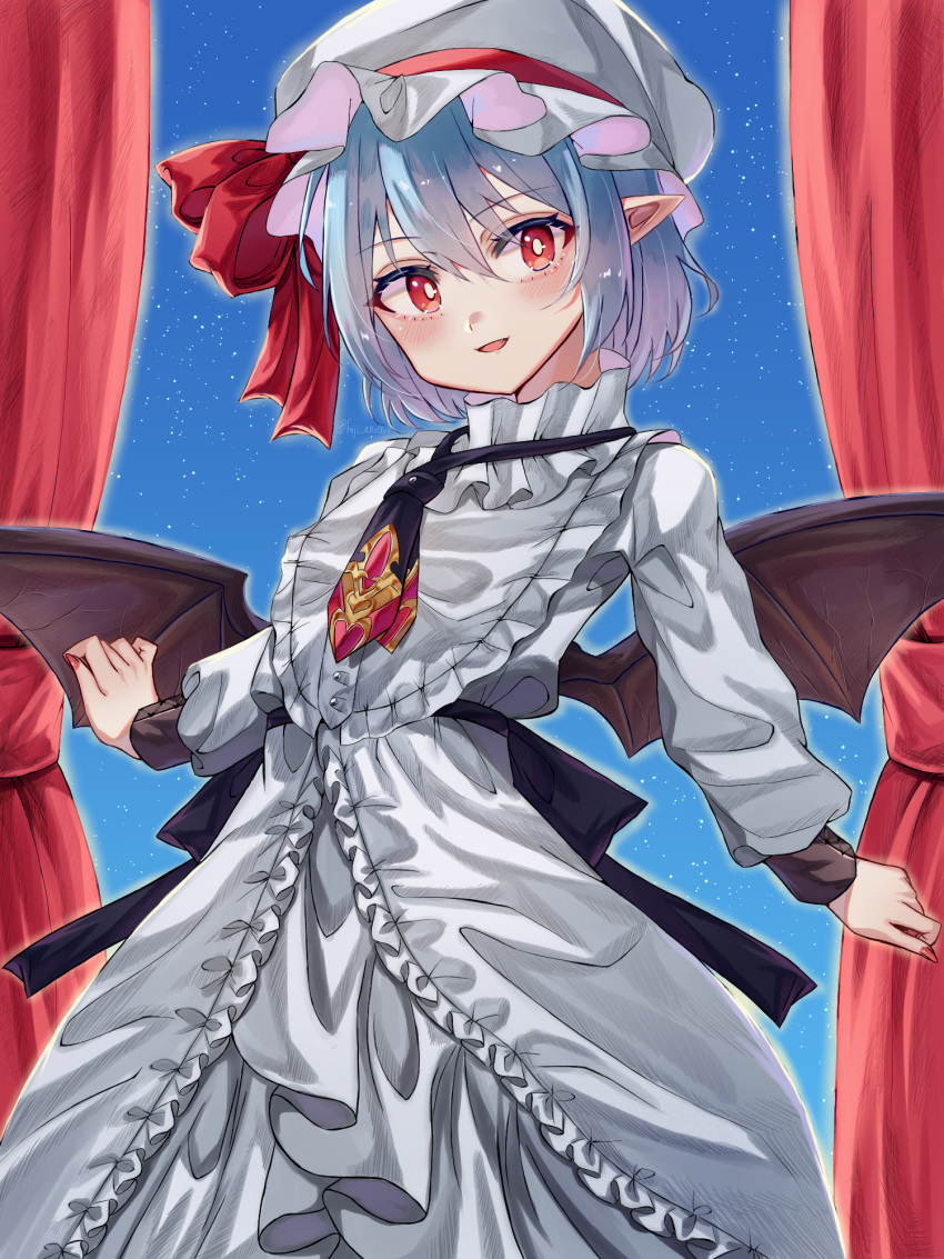 1girl :d alternate_costume bat_wings blue_hair blush brooch curtain_grab curtains dress eyebrows_visible_through_hair frills full_moon hair_between_eyes hat hat_ribbon highres holding jewelry katsukare long_sleeves looking_at_viewer mob_cap moon nail_polish night night_sky pointy_ears puffy_sleeves red_eyes remilia_scarlet ribbon short_hair sky smile solo star_(sky) starry_sky touhou white_dress window wings