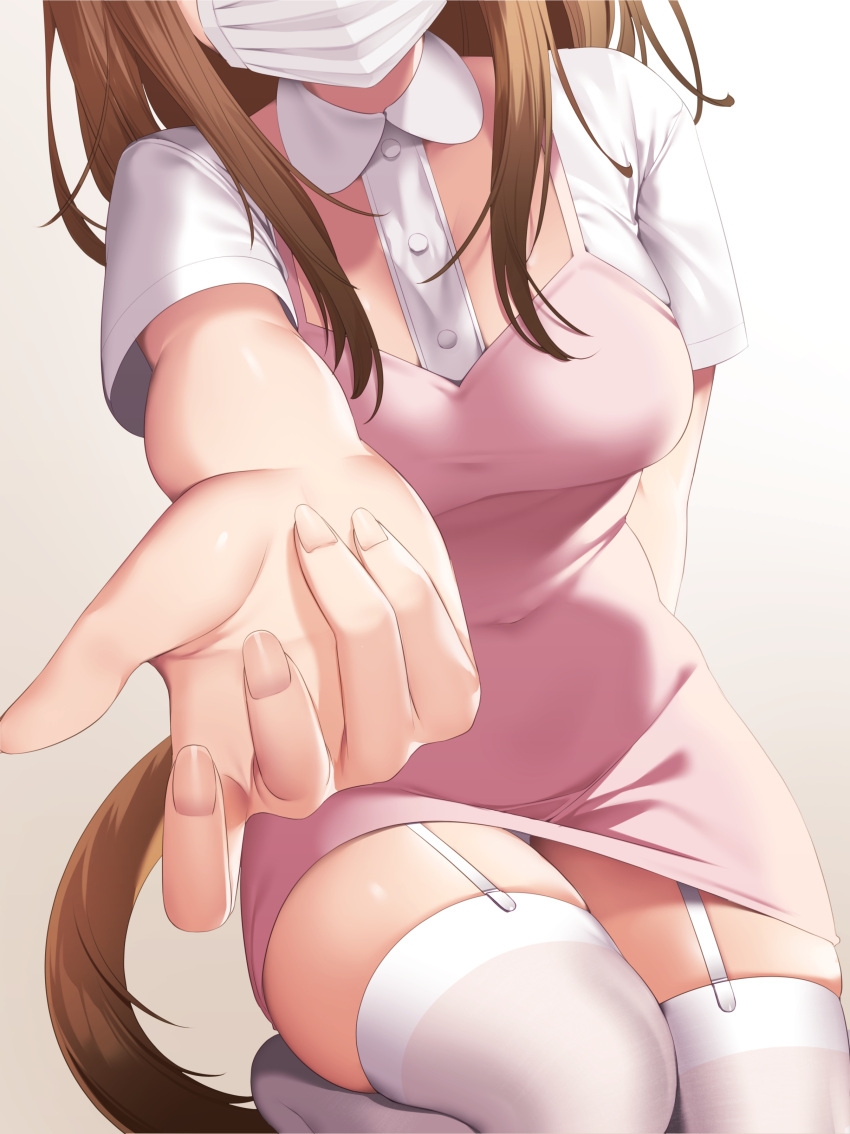 1girl absurdres arm_behind_back breasts brown_hair commentary_request dress fingernails garter_straps haiba_09 head_out_of_frame highres mask medium_breasts mouth_mask nurse original outstretched_arm paid_reward_available panties panty_peek pink_dress short_sleeves simple_background sitting solo surgical_mask tail thigh-highs underwear white_background white_legwear white_panties