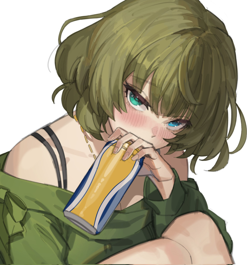 1girl beer_can blue_eyes blush can covered_mouth drunk green_eyes green_hair green_shirt heterochromia highres holding holding_can idolmaster idolmaster_cinderella_girls knees_up looking_at_viewer maenoo off-shoulder_shirt off_shoulder shirt simple_background solo takagaki_kaede upper_body white_background