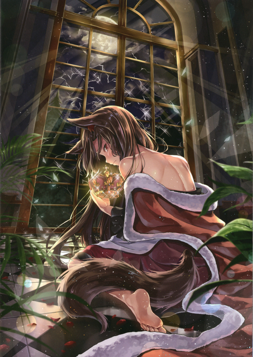 1girl absurdres animal_ears back bare_shoulders barefoot blurry blush broken_glass brown_hair cape checkered_floor closed_mouth crown depth_of_field flower from_behind full_body fur-trimmed_cape fur_trim glass glint glitter glowing highres holding imaizumi_kagerou indoors kakao_rantan lens_flare light_particles light_rays long_hair long_sleeves looking_at_viewer looking_back moonbeam moonlight night night_sky off_shoulder on_floor petals plant potted_plant profile red_eyes red_flower red_rose red_skirt rose rose_petals royal_robe scan sitting skirt sky soles solo star_(sky) starry_sky tail tile_floor tiles touhou tree wariza wavy_mouth wide_sleeves window wolf_ears wolf_girl wolf_tail