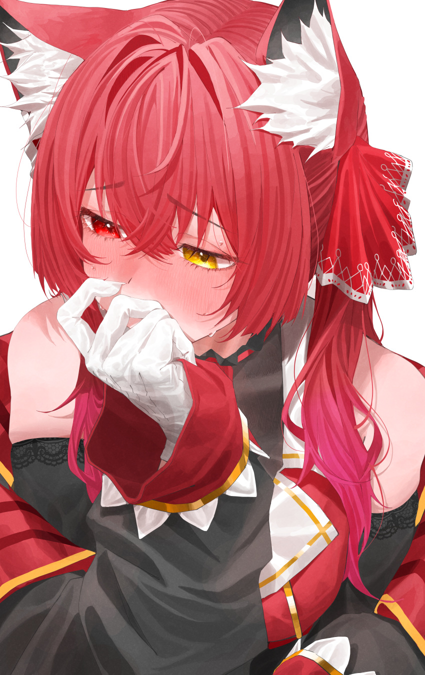 1girl absurdres animal_ear_fluff animal_ears bangs black_jacket blush cat_ears covering_mouth eyebrows_visible_through_hair gloves hair_between_eyes hair_ribbon hand_up highres hololive houshou_marine jacket long_hair long_sleeves looking_away off_shoulder open_clothes open_jacket red_eyes red_ribbon redhead ribbon simple_background solo tarutaru_(ryousuke) twintails upper_body virtual_youtuber white_background white_gloves yellow_eyes