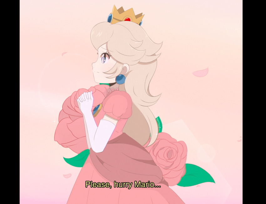 1girl animated animated_gif blinking blonde_hair brooch chocomiru crown dress earrings eyebrows flower from_side gloves jewelry long_hair open_mouth own_hands_together petals pink_dress princess princess_peach rose solo super_mario_bros. tiara white_gloves