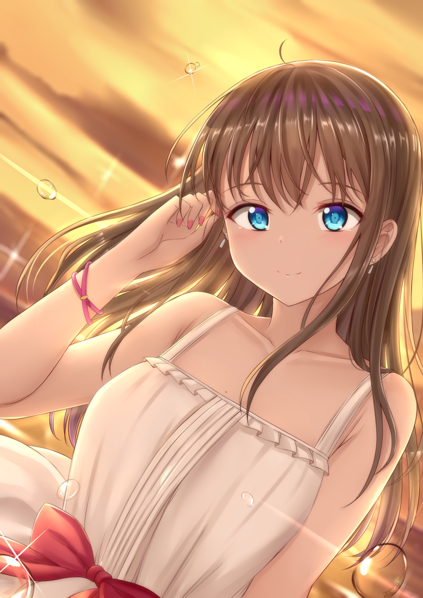 1girl absurdres ahoge arm_up bangs bare_shoulders blue_eyes bow bracelet breasts brown_hair dress earrings highres jewelry lens_flare light_blush long_hair looking_at_viewer mole mole_on_breast nail_polish original pink_nails red_bow shiny shiny_hair skywalker0610 smile solo upper_body water_drop white_dress