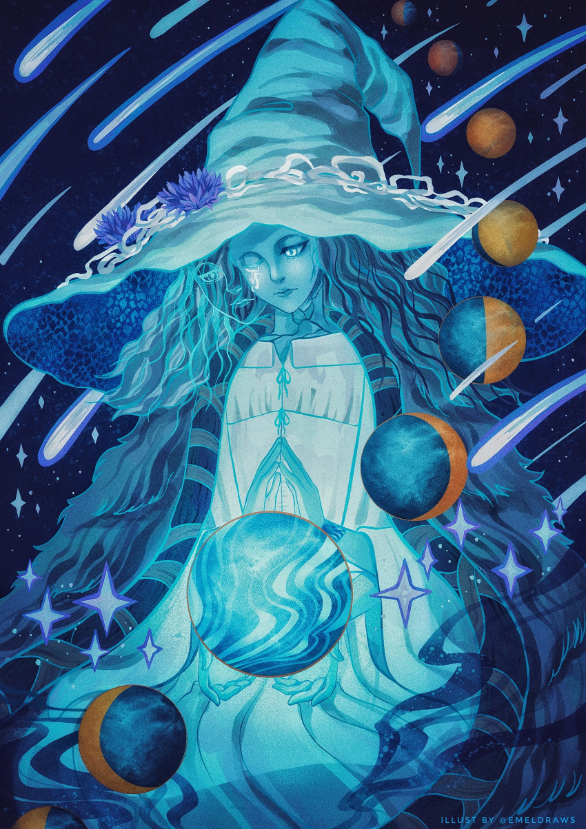 1girl absurdres blue_theme closed_mouth cracked_skin elden_ring extra_arms extra_faces extra_hands glowing glowing_eyes hat highres lauren_baldo long_hair one_eye_closed own_hands_together planet ranni_the_witch sitting solo star_(sky) twitter_username witch witch_hat
