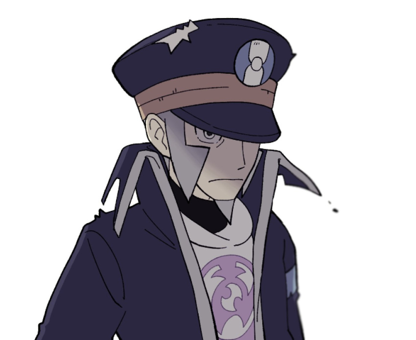 1boy black_coat black_headwear blurry closed_mouth coat facial_hair frown goatee grey_eyes grey_hair hat high_collar ingo_(pokemon) jaho long_sideburns male_focus peaked_cap pearl_clan_outfit pokemon pokemon_(game) pokemon_legends:_arceus short_hair sideburns solo trench_coat upper_body white_background