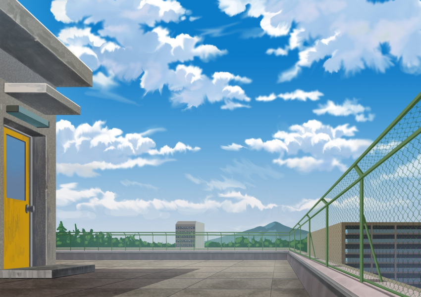 blue_sky building commentary_request day door fence minashiki_(pokkurupoo) mountain no_humans original outdoors rooftop scenery school sky