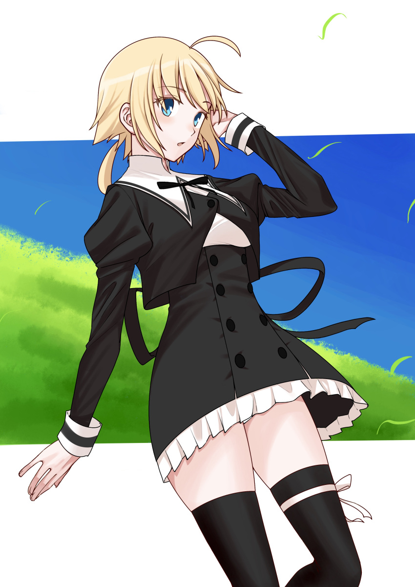 1girl absurdres ahoge amano_soraha arm_at_side assault_lily bangs black_legwear black_skirt blonde_hair blue_eyes blue_sky breasts buttons clothes_lift commentary_request cowboy_shot cropped_jacket day eyebrows_visible_through_hair frilled_skirt frills grass hand_in_own_hair hand_up high-waist_skirt highres juliet_sleeves leg_ribbon leg_up letterboxed light_blush long_sleeves looking_away low_ponytail medium_breasts medium_hair miniskirt neck_ribbon outdoors outside_border panties pantyshot parted_lips ponytail puffy_sleeves ribbon sasaki33916 school_uniform skirt skirt_lift sky solo standing standing_on_one_leg thigh-highs underwear upskirt white_panties white_ribbon wind wind_lift yurigaoka_girls_academy_school_uniform