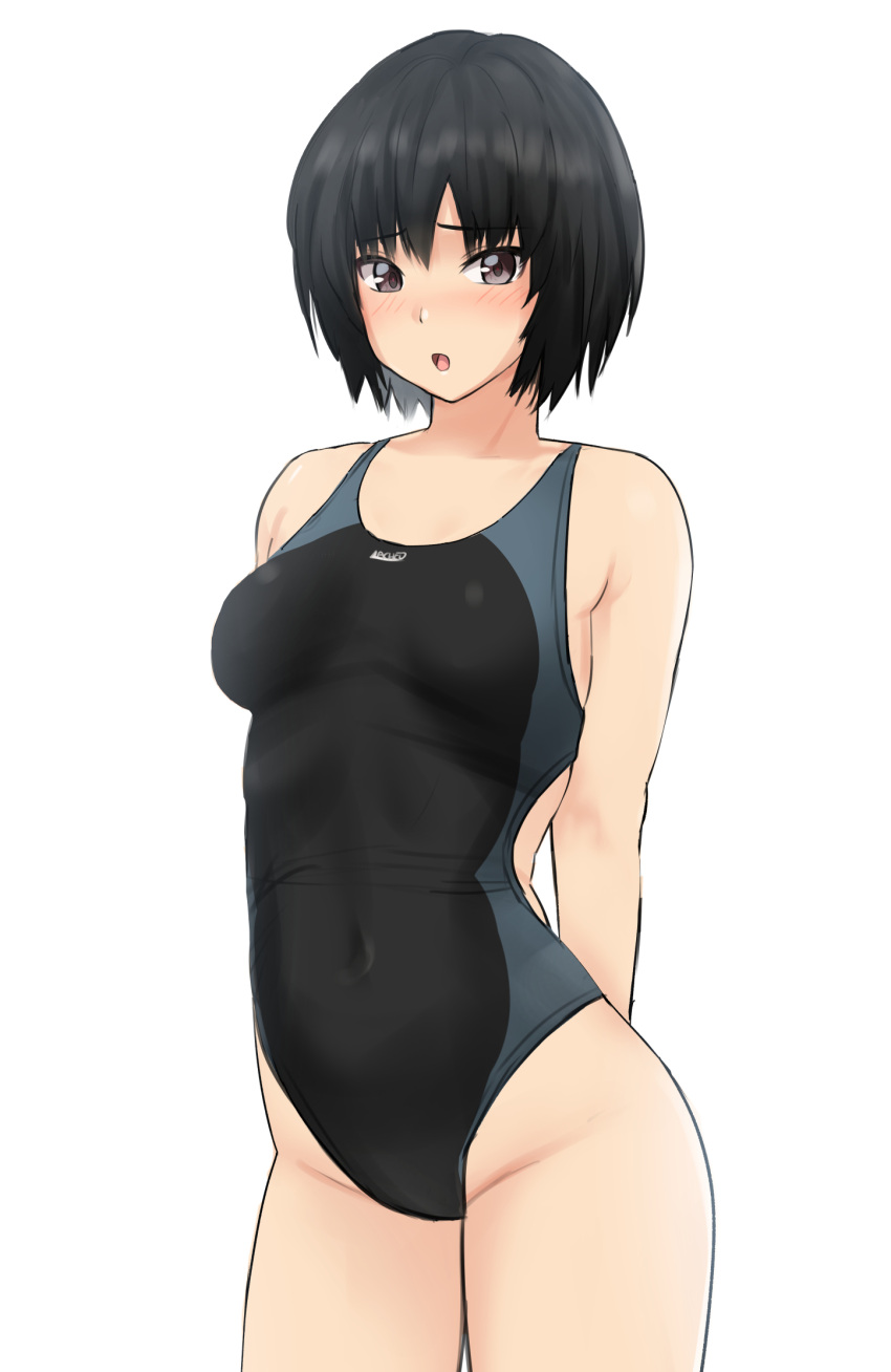 1girl amagami arms_behind_back black_eyes black_hair black_swimsuit bob_cut breasts competition_swimsuit covered_navel cowboy_shot highres looking_at_viewer nanasaki_ai one-piece_swimsuit short_hair simple_background small_breasts solo swimsuit white_background ykh1028