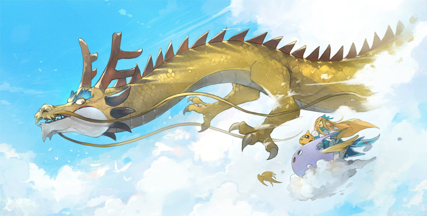 1girl above_clouds animal_focus antlers armor bangs blonde_hair blue_bow blue_cape blue_sky bow cape claws clouds colored_eyelashes commentary_request day dragon dragon_quest escalin_(hld_doreko) ethereal_serpent eye_contact flying from_side hair_bow happy highres linne_(hld_doreko) long_hair looking_at_another looking_back midair open_mouth outdoors profile riding sharp_teeth shoulder_armor sidelocks sideways_mouth sky slime_(creature) slime_(dragon_quest) smile spikes teeth waist_cape whiskers yellow_eyes