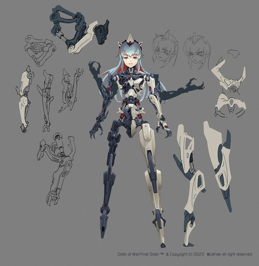 1girl android blue_hair character_sheet commentary_request english_commentary extra_arms eyebrows_visible_through_hair full_body grey_background highres joints light_smile lineart long_hair mechanical_parts mixed-language_commentary original piston robot_joints simple_background solo ushas very_long_hair violet_eyes