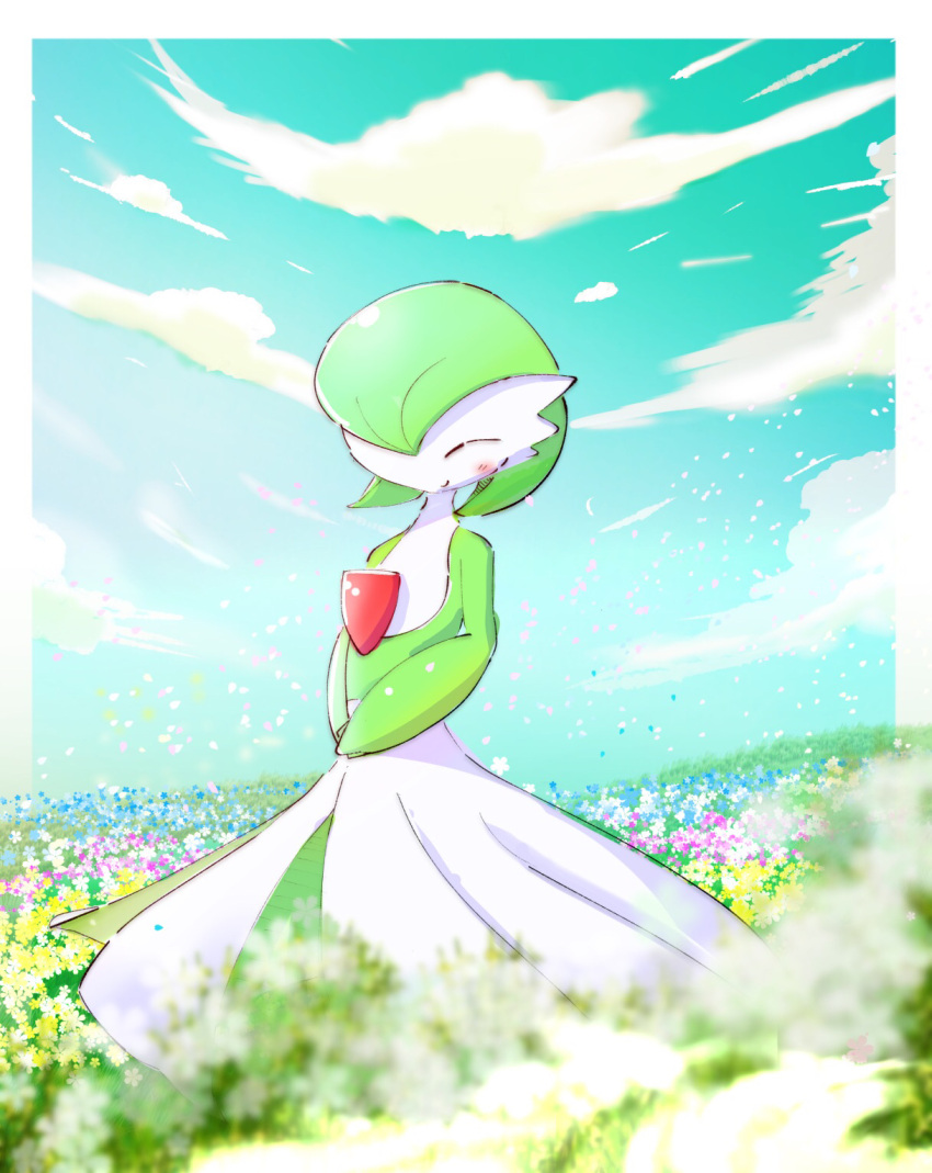 1girl ^_^ bangs blue_flower blue_sky blurry blurry_foreground blush bob_cut border closed_eyes closed_mouth clouds colored_skin commentary_request day field flat_chest flower flower_field full_body gardevoir grass green_hair green_skin happy highres multicolored_skin outdoors outside_border own_hands_together pokemon pokemon_(creature) purple_flower ragia short_hair sideways_mouth sky smile solo standing two-tone_skin white_border white_flower white_skin yellow_flower