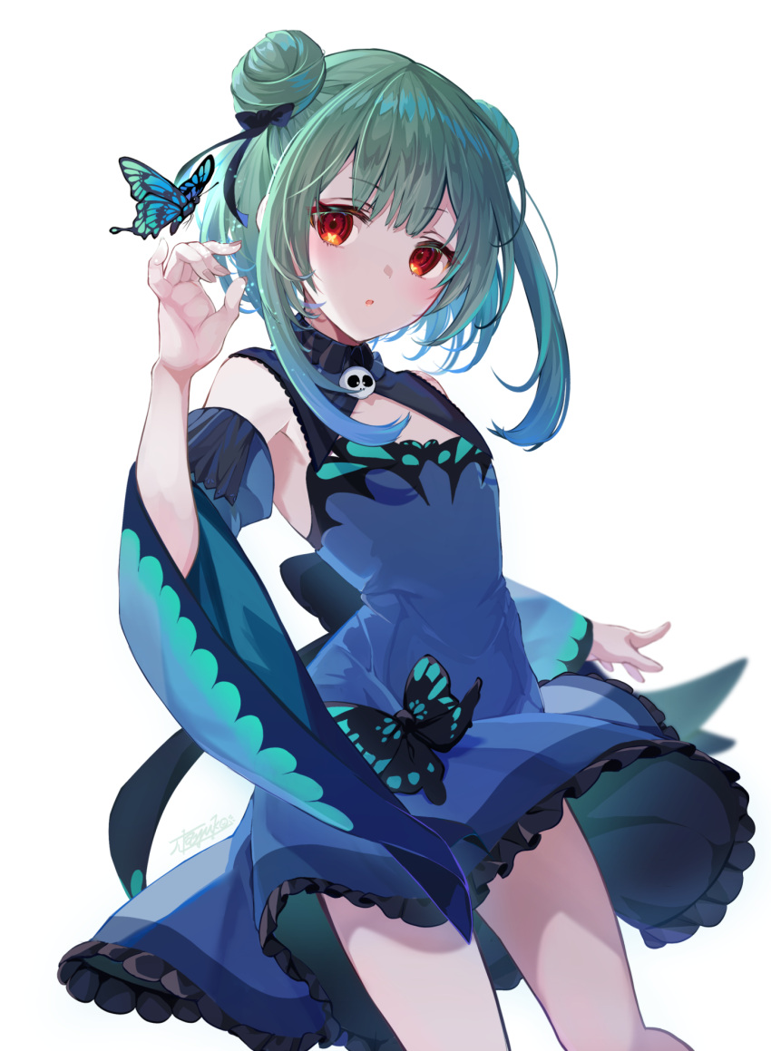1girl bangs black_bow blue_dress blue_hair blush bow bug butterfly cleavage_cutout clothing_cutout detached_sleeves double_bun dress eyebrows_visible_through_hair flat_chest flower frilled_dress frills gradient_hair green_hair hair_bow highres hololive long_sleeves multicolored_hair open_mouth pi_tayuko red_eyes short_dress short_hair_with_long_locks sidelocks simple_background sleeveless sleeveless_dress solo uruha_rushia virtual_youtuber white_background white_flower wide_sleeves