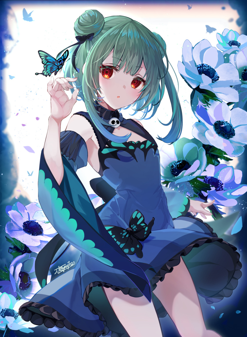 1girl bangs black_bow blue_dress blue_hair blush bow bug butterfly cleavage_cutout clothing_cutout detached_sleeves double_bun dress eyebrows_visible_through_hair flat_chest flower frilled_dress frills gradient_hair green_hair hair_bow highres hololive long_sleeves multicolored_hair open_mouth pi_tayuko red_eyes short_dress short_hair_with_long_locks sidelocks sleeveless sleeveless_dress solo uruha_rushia virtual_youtuber white_flower wide_sleeves