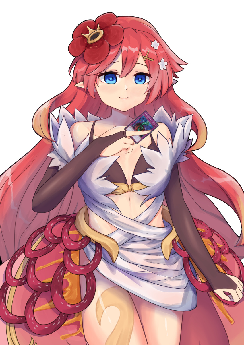 1girl absurdres black_gloves blue_eyes bra cleavage flareza flower gloves hair_between_eyes highres holding holding_card looking_at_viewer rafflesia_(flower) redhead smile solo traptrix_rafflesia