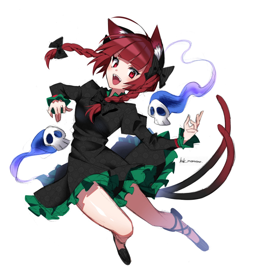 1girl :d absurdres ahoge animal_ears artist_name black_bow black_footwear bow braid cat_ears cat_tail dress extra_ears fang floating floating_skull full_body grey_background hair_bow highres kaenbyou_rin kamenozoki_momomo leg_ribbon legs long_sleeves looking_at_viewer multiple_tails one-hour_drawing_challenge open_mouth red_eyes redhead ribbon shoes simple_background skull slit_pupils smile solo tail touhou tsurime twin_braids two_tails white_background
