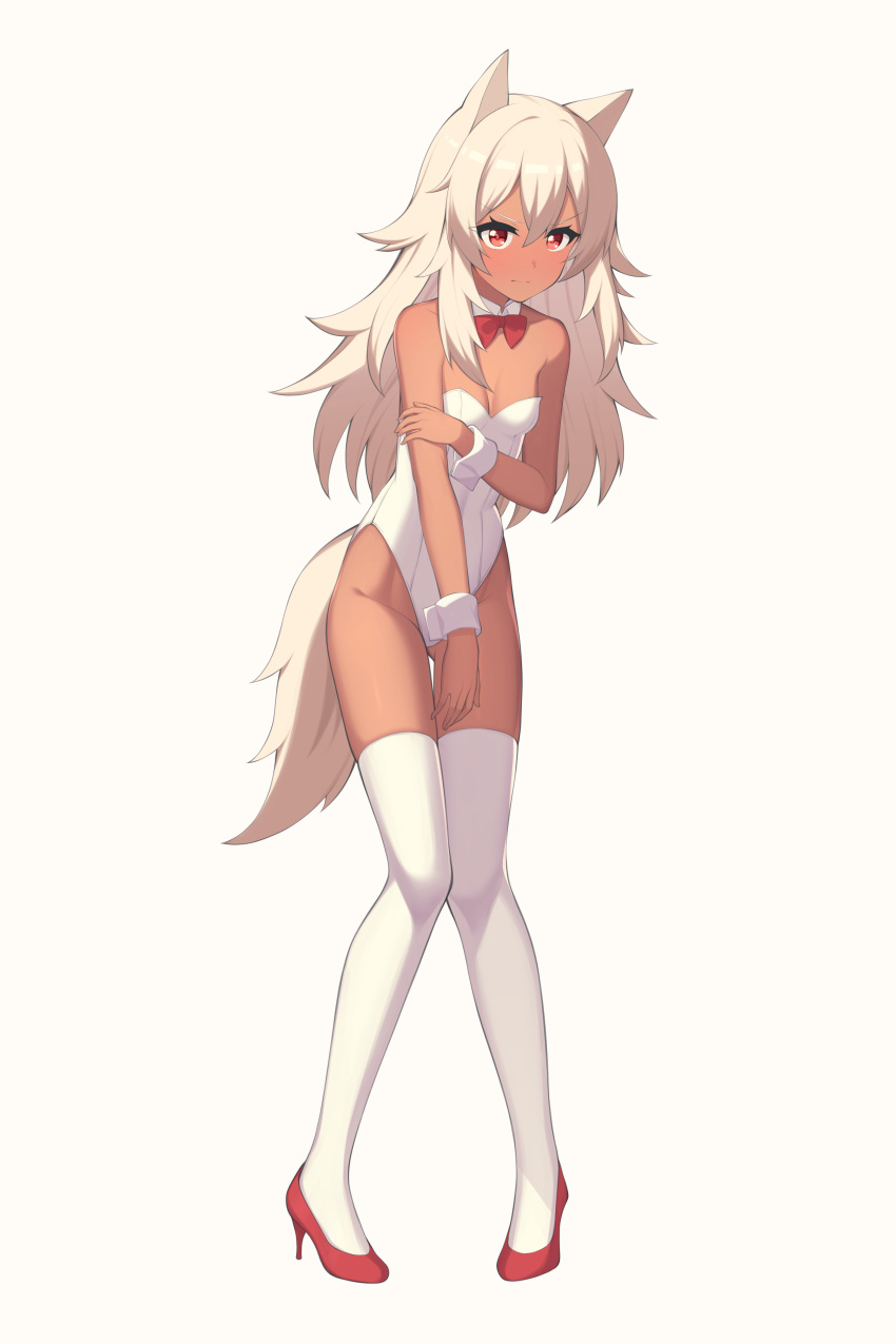 1girl absurdres animal_ears arm_grab bare_shoulders blush bow bowtie breasts closed_mouth commentary dark-skinned_female dark_skin detached_collar eyebrows_visible_through_hair eyelashes frown full_body grey_hair high_heels highleg highleg_leotard highres knees_together_feet_apart leaning_forward leotard long_hair original pejiro playboy_bunny red_bow red_bowtie red_eyes red_footwear shadow simple_background small_breasts solo strapless strapless_leotard tail thigh-highs thigh_gap v-shaped_eyebrows white_background white_hair white_legwear white_leotard wrist_cuffs