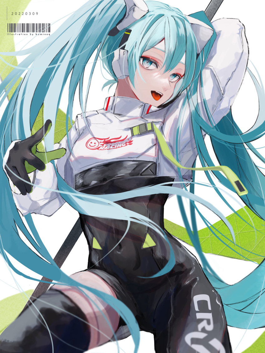1girl aqua_eyes aqua_hair arm_behind_head arm_up asymmetrical_bodysuit barcode black_bodysuit bodysuit commentary crop_top crop_top_overhang cropped_jacket flagpole flame_print goodsmile_racing hatsune_miku headphones highres holding holding_pole kaminoq long_hair looking_at_viewer navel open_mouth pole racing_miku racing_miku_(2022) single_thighhigh skin_tight smiley_face thigh-highs twintails two-tone_gloves very_long_hair vocaloid