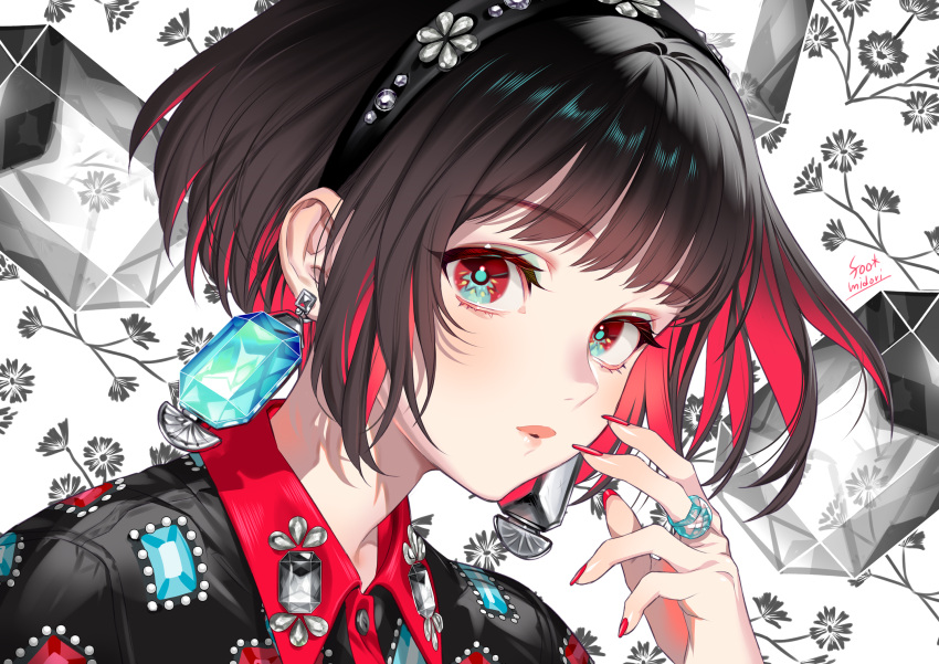 1girl artist_name banned_artist bob_cut brown_hair colored_inner_hair earrings face floral_background gem hairband hand_up highres jewelry looking_at_viewer midori_foo multicolored_eyes multicolored_hair original parted_lips portrait red_eyes red_nails ring short_hair solo