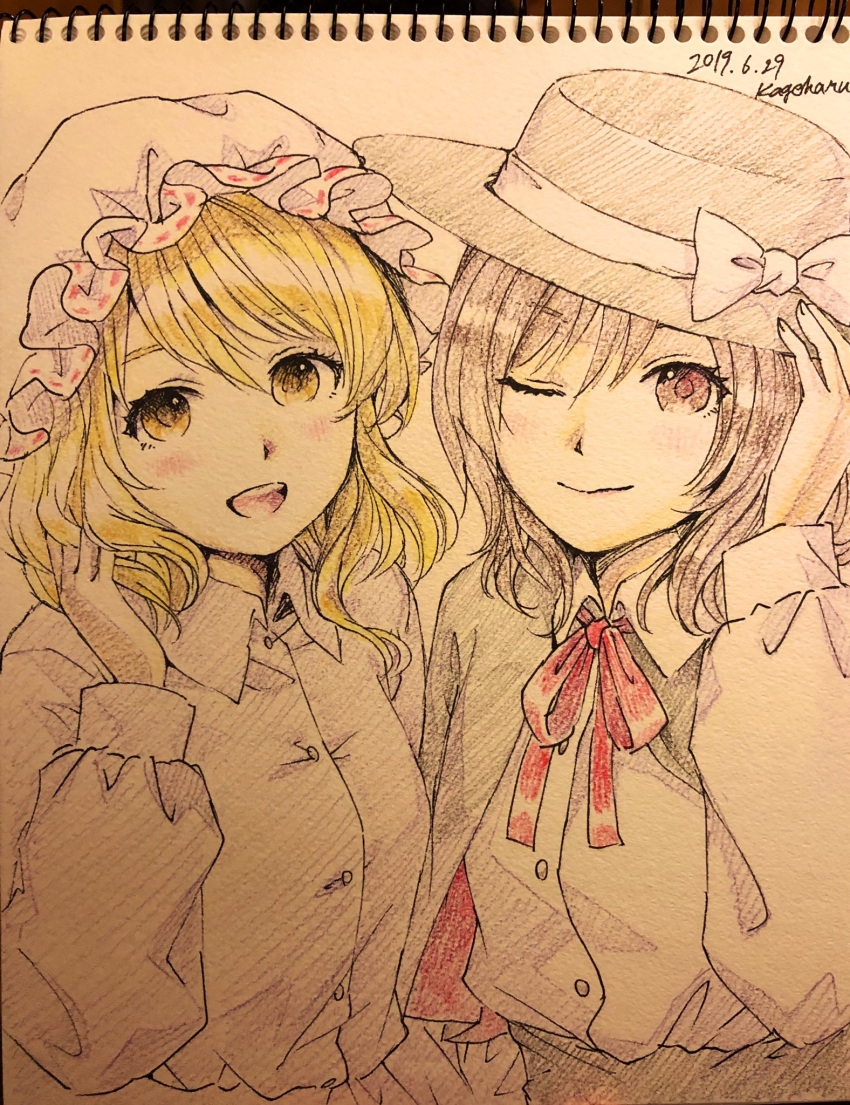 2girls black_capelet black_headwear black_skirt blonde_hair bow brown_eyes brown_hair capelet closed_mouth collared_shirt commentary_request fedora hand_in_own_hair happy hat hat_bow highres long_sleeves maribel_hearn mob_cap multiple_girls one_eye_closed open_mouth photoshop_(medium) purple_shirt purple_skirt red_ribbon ribbon salt_(seasoning) shirt skirt smile teeth touhou traditional_media upper_body upper_teeth usami_renko white_bow white_headwear white_shirt yellow_eyes