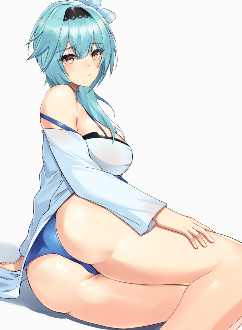 1girl ass bare_shoulders blue_hair blue_panties blush breasts closed_mouth eula_(genshin_impact) genshin_impact hairband highres long_sleeves looking_at_viewer lying medium_breasts muri_(butter210330) panties shirt simple_background smile solo strap_slip swimsuit thighs underwear white_background white_shirt yellow_eyes
