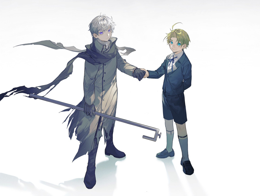2boys ahoge america_(hetalia) arm_at_side arm_behind_back axis_powers_hetalia bandaged_neck bandages bangs black_footwear black_gloves black_scarf blonde_hair blue_eyes blue_jacket blue_ribbon blue_shorts boots child closed_mouth coat collared_shirt floating_scarf frown full_body glasses gloves grey_coat grey_hair grey_legwear highres holding holding_hands holding_weapon jacket kneehighs lirensheng loafers long_sleeves looking_at_viewer male_focus multiple_boys neck_ribbon outstretched_arm parted_bangs ribbon russia_(hetalia) scarf shadow shirt shoes short_hair shorts simple_background smile sock_garters standing torn_clothes torn_coat violet_eyes weapon white_background white_shirt