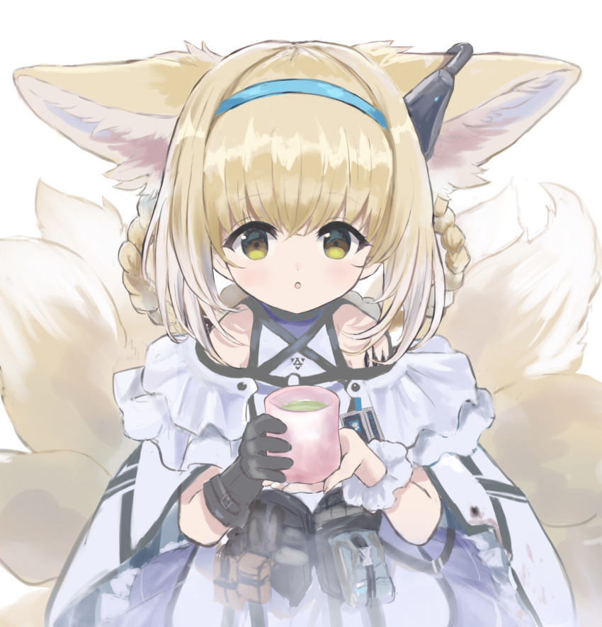 1girl :o animal_ear_fluff animal_ears apron arknights bangs bare_shoulders black_gloves blonde_hair blue_hairband braid commentary_request cup eyebrows_visible_through_hair fox_ears fox_girl fox_tail frilled_skirt frills gloves green_tea hair_between_eyes hair_rings hairband highres holding holding_cup kataageteto kitsune looking_at_viewer multicolored_hair parted_lips pleated_skirt purple_skirt shirt simple_background single_glove skirt solo suzuran_(arknights) tail tea twin_braids two-tone_hair waist_apron white_apron white_background white_hair white_shirt yellow_eyes yunomi