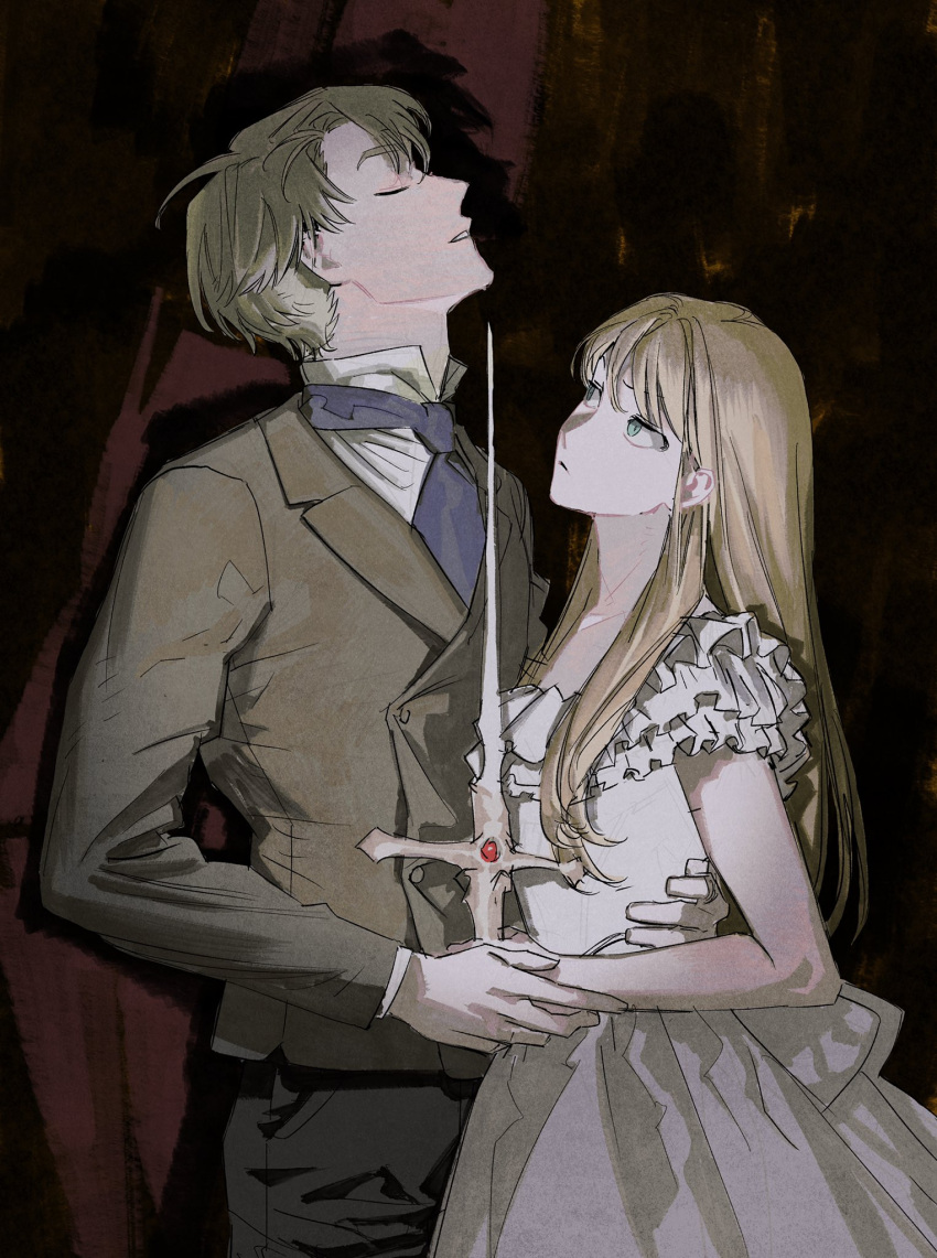 1boy 1girl blonde_hair blue_necktie brown_suit closed_eyes closed_mouth collarbone dress formal frilled_dress frills garam_lee gem green_eyes hair_between_eyes hand_on_another's_waist highres holding holding_sword holding_weapon long_hair looking_at_another necktie original parted_lips shadow sketch suit sword weapon white_dress