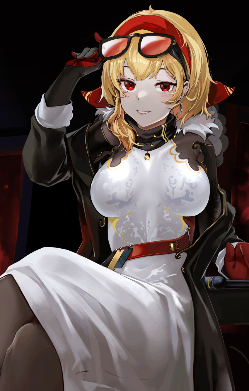 1girl absurdres anizi arm_up bangs black_gloves black_jacket blonde_hair breasts brown_legwear crossed_legs dress earrings eyewear_on_head gloves highres hololive hololive_indonesia jacket jewelry kaela_kovalskia large_breasts long_sleeves looking_at_viewer medium_hair open_clothes open_jacket pantyhose parted_lips red_eyes sitting smile solo sunglasses virtual_youtuber white_dress
