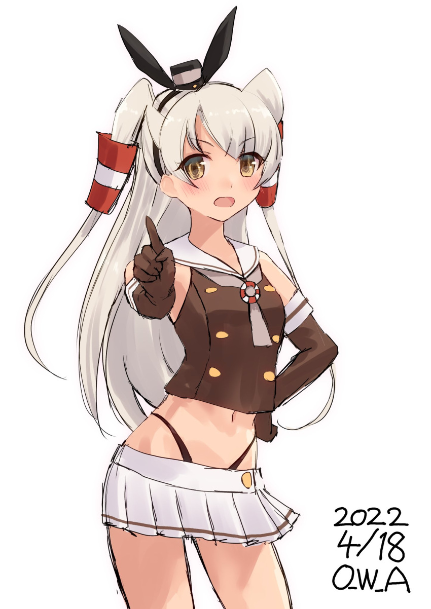 1girl adapted_costume amatsukaze_(kancolle) black_panties brown_eyes brown_gloves brown_neckerchief cosplay cowboy_shot crop_top dated elbow_gloves gloves hair_tubes highleg highleg_panties highres index_finger_raised kantai_collection long_hair looking_at_viewer miniskirt neckerchief one-hour_drawing_challenge owa_(ishtail) panties sailor_collar shimakaze_(kancolle) shimakaze_(kancolle)_(cosplay) silver_hair simple_background skirt sleeveless smokestack_hair_ornament solo twitter_username two_side_up underwear white_background white_sailor_collar white_skirt windsock