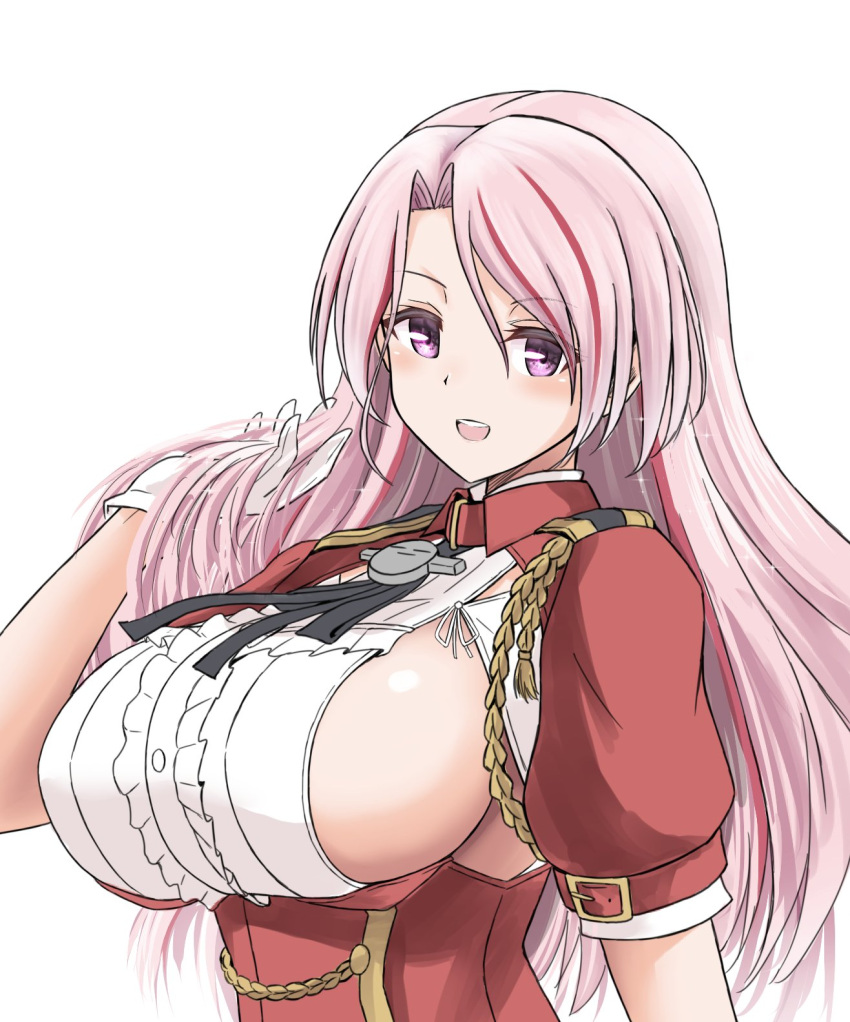 1girl armpit_cutout breasts clothing_cutout collared_shirt forehead framed gloves highres kantai_collection large_breasts long_hair looking_at_viewer luigi_di_savoia_duca_degli_abruzzi_(kancolle) open_mouth pink_eyes pink_hair red_skirt shirt short_sleeves simple_background skirt solo suke_(share_koube) upper_body white_background white_gloves