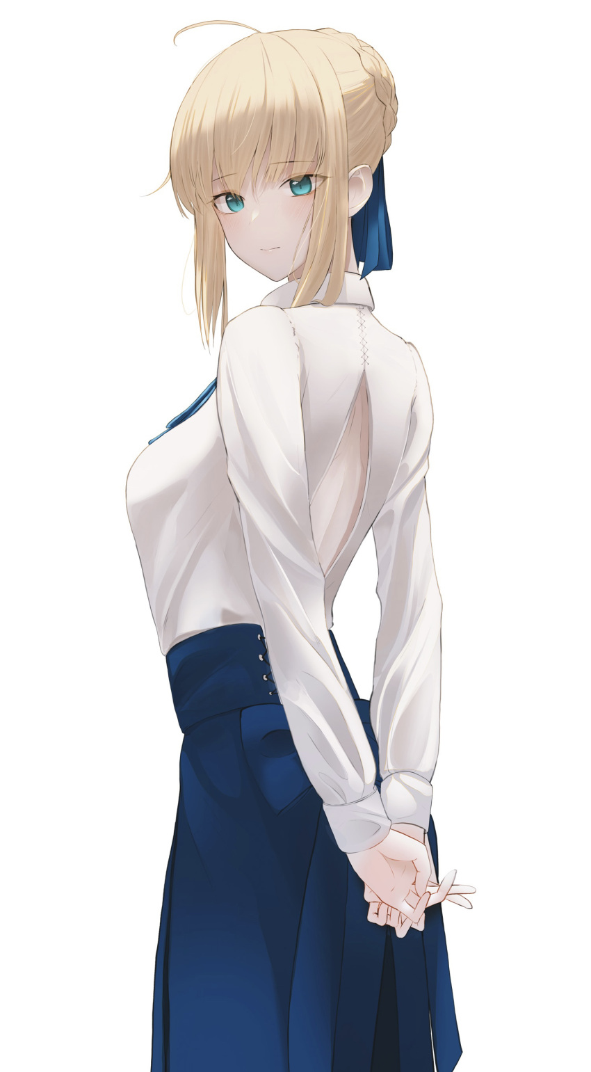 1girl absurdres ahoge arched_back arms_behind_back artoria_pendragon_(fate) back_cutout bangs blonde_hair blue_ribbon blue_skirt blush braid braided_bun breasts closed_mouth clothing_cutout est_(est_illust) eyebrows_visible_through_hair fate/stay_night fate_(series) from_side green_eyes hair_ribbon highres long_sleeves neck_ribbon ribbon saber shirt short_hair_with_long_locks sidelocks simple_background skirt small_breasts solo standing white_background white_shirt