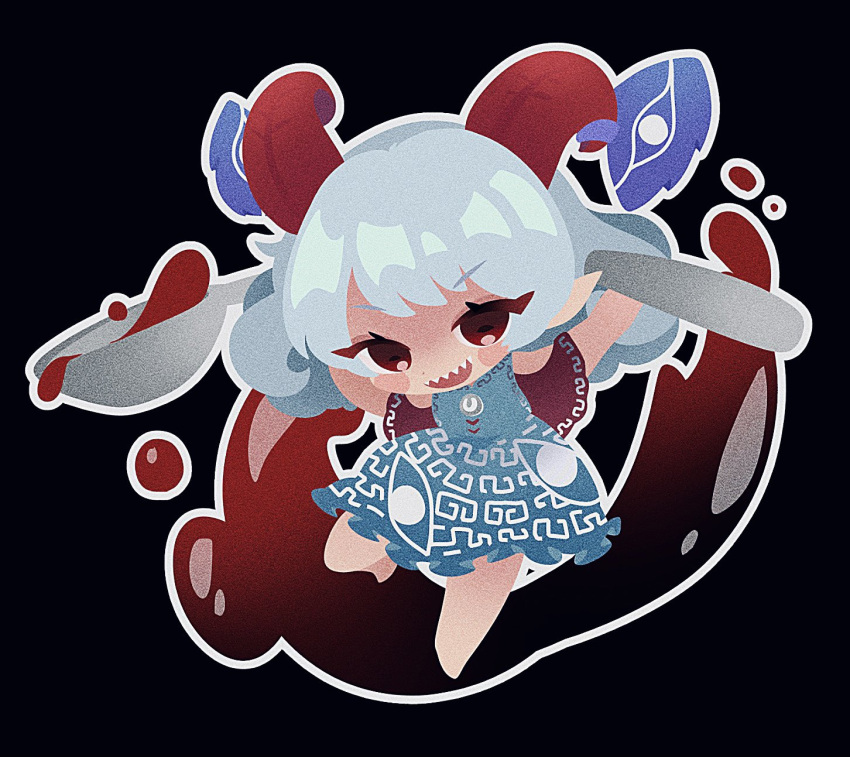 1girl arms_up ayahi_4 bangs bare_shoulders barefoot black_background blood blue_dress blue_ribbon blush blush_stickers dress eyebrows_visible_through_hair eyelashes full_body grey_hair hands_up highres horns leg_up looking_at_viewer off-shoulder_dress off_shoulder open_mouth pointy_ears red_eyes ribbon sharp_teeth short_hair short_sleeves simple_background solo spoon standing standing_on_one_leg symbol-only_commentary teeth touhou toutetsu_yuuma v-shaped_eyebrows weapon wide_sleeves