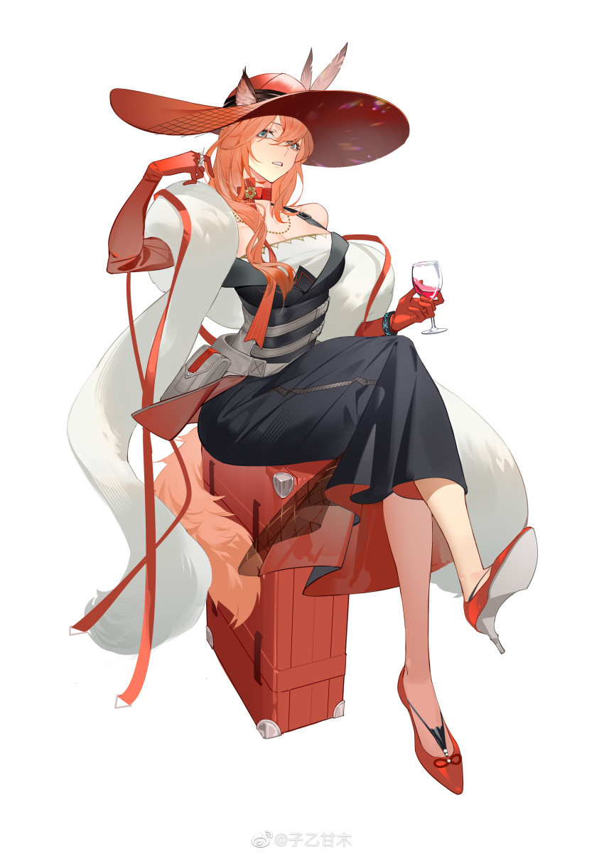 1girl absurdres animal_ears arknights bare_shoulders black_dress blue_eyes cat_ears cat_tail chinese_commentary commentary_request crossed_legs cup dress drinking_glass ears_through_headwear elbow_gloves feather_boa gloves hand_up heidi_(arknights) high_heels highres holding holding_cup long_hair looking_at_viewer parted_lips pink_hair red_footwear red_gloves red_headwear simple_background sitting solo tail white_background wine_glass ziyiganmu