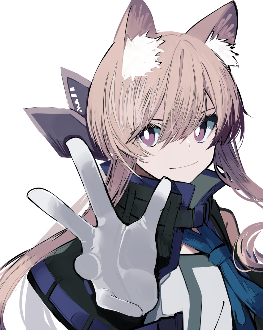 1girl animal_ear_fluff animal_ears arknights bangs black_jacket blue_necktie brown_hair cardigan_(arknights) closed_mouth eyebrows_visible_through_hair gloves hair_between_eyes hand_up high_collar highres jacket long_hair looking_at_viewer low_twintails necktie open_clothes open_jacket shirt simple_background smile solo tetuw twintails very_long_hair violet_eyes white_background white_gloves white_shirt